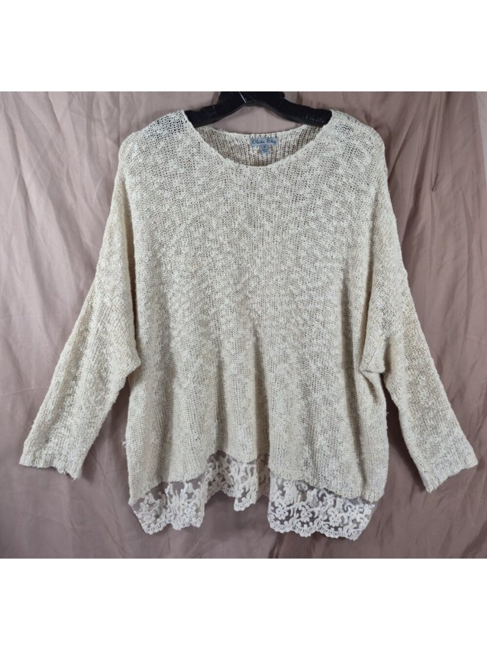Olivia Sky Women's Cream Crochet Lace Hem Drop Shoulder Sweater Plus Size 3X